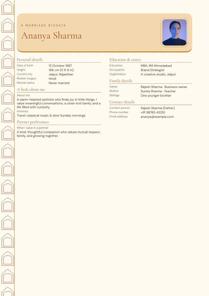 Saffron Celebration marriage biodata template with photo — fictional sample