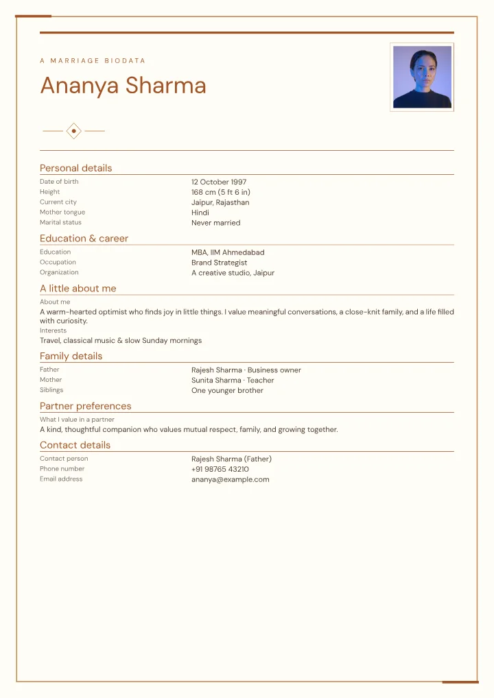 Saffron Note marriage biodata template with photo — fictional sample