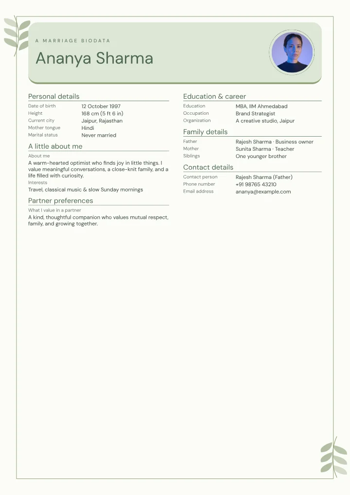 Sage Studio marriage biodata template with photo — fictional sample