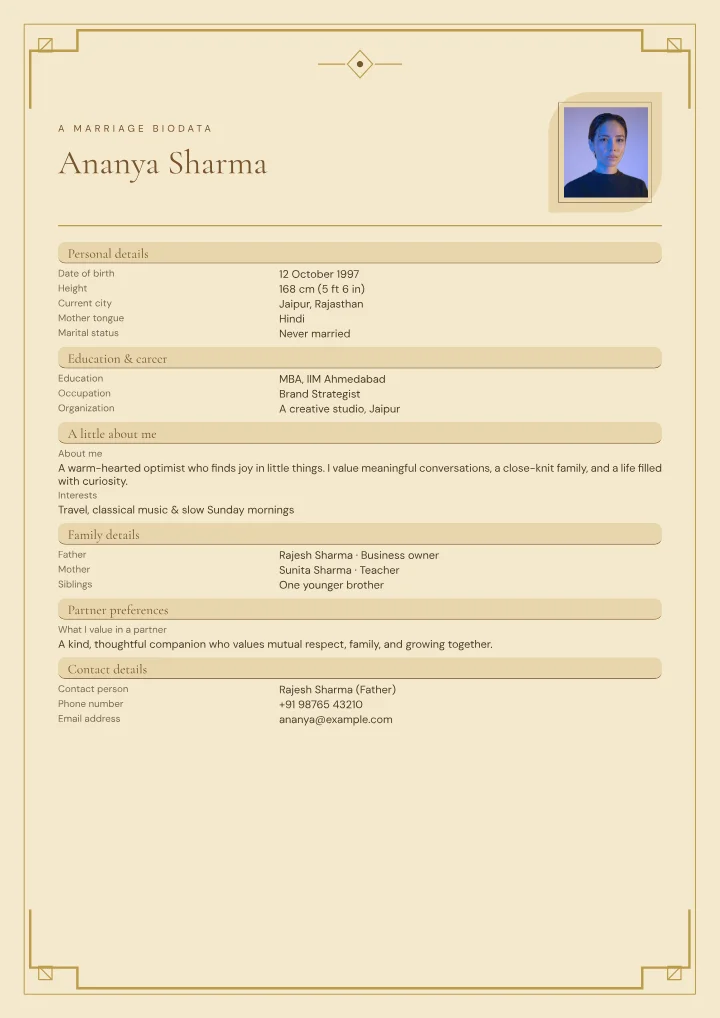 Sandalwood Inlay marriage biodata template with photo — fictional sample