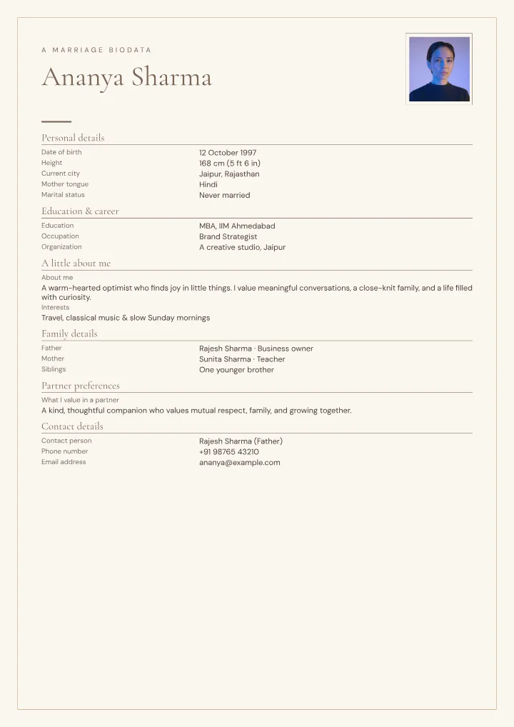 Sandstone Minimal marriage biodata template with photo — fictional sample