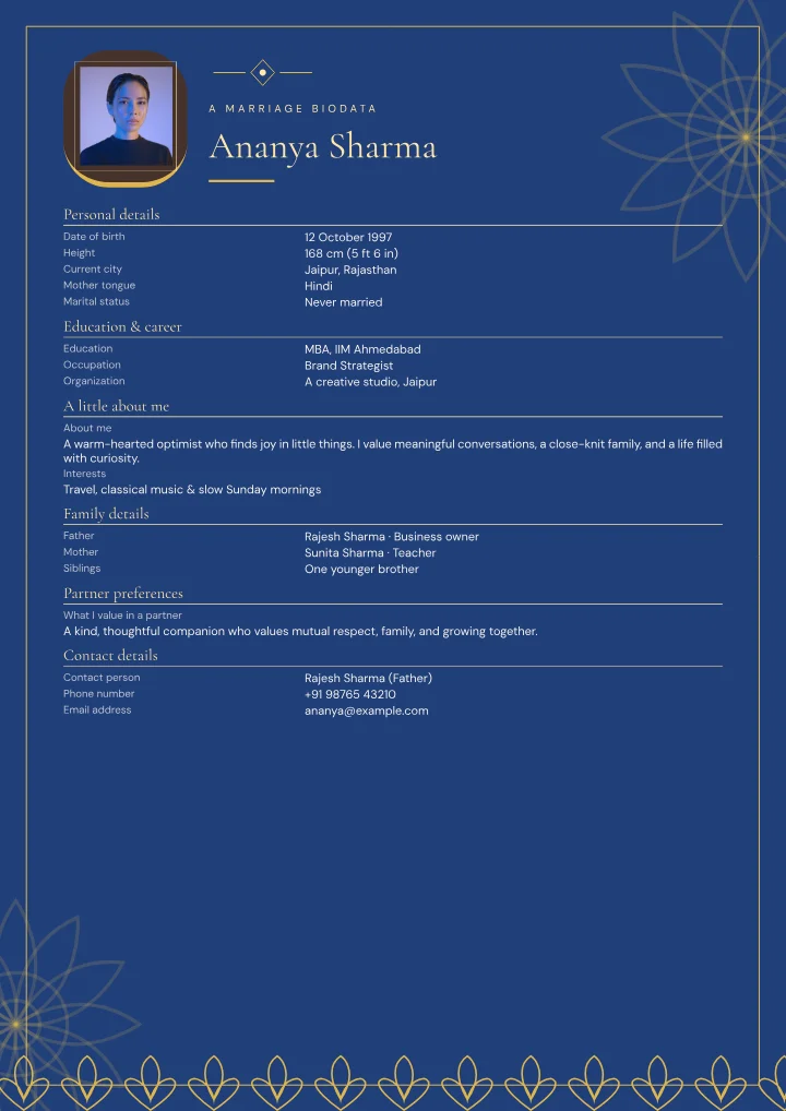 Sapphire Festival marriage biodata template with photo — fictional sample