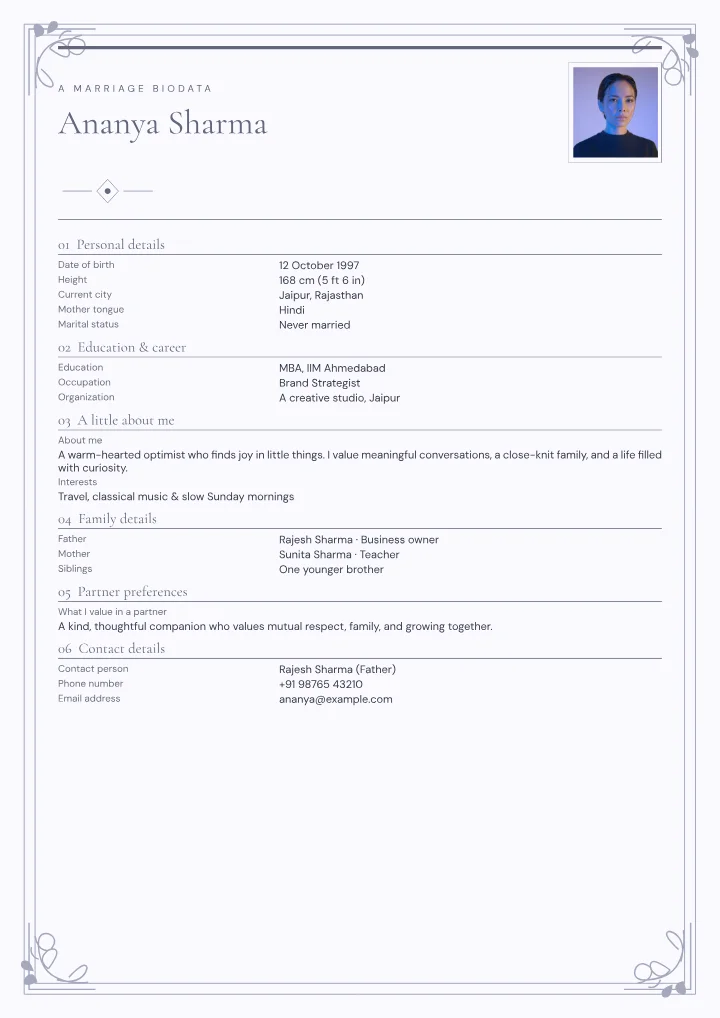 Silver Keepsake marriage biodata template with photo — fictional sample