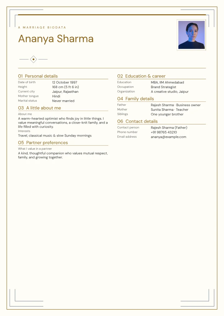 Slate & Saffron marriage biodata template with photo — fictional sample
