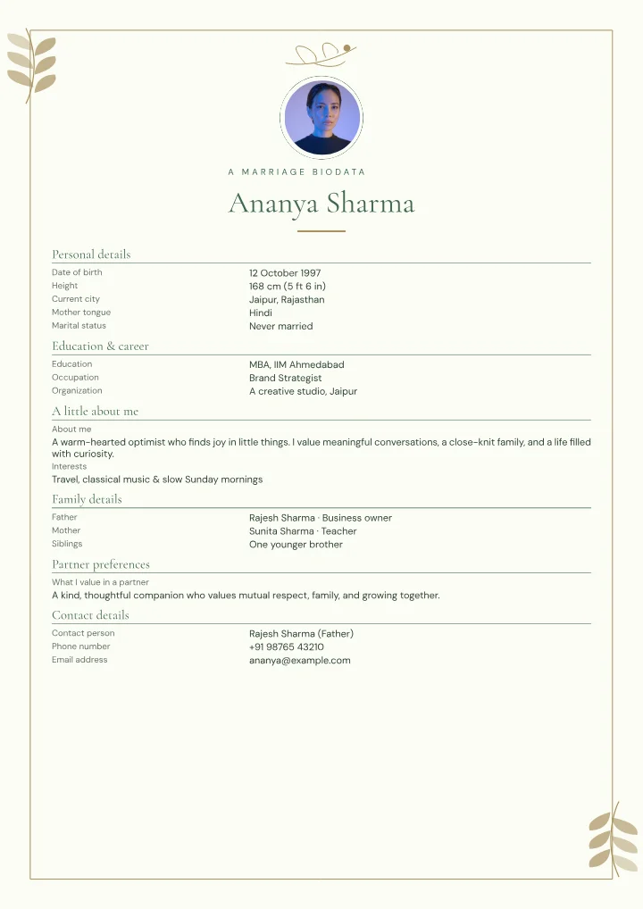 Spring Vows marriage biodata template with photo — fictional sample