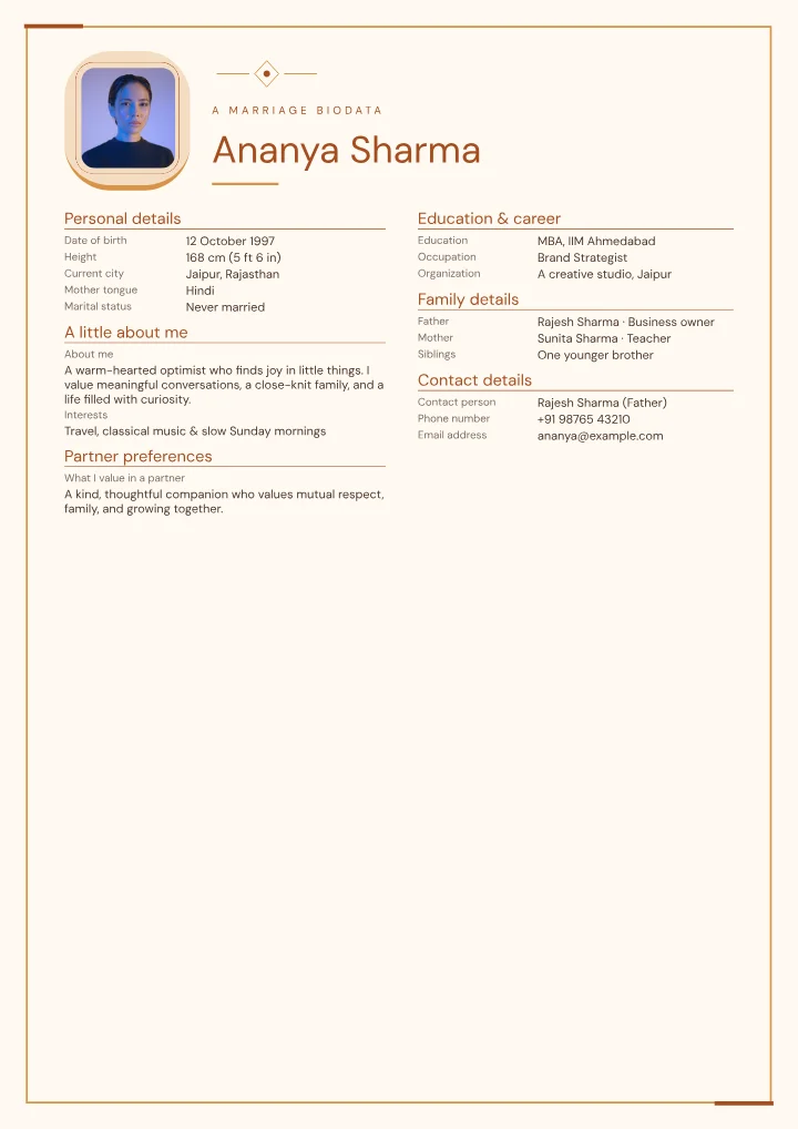 Tangerine Letter marriage biodata template with photo — fictional sample