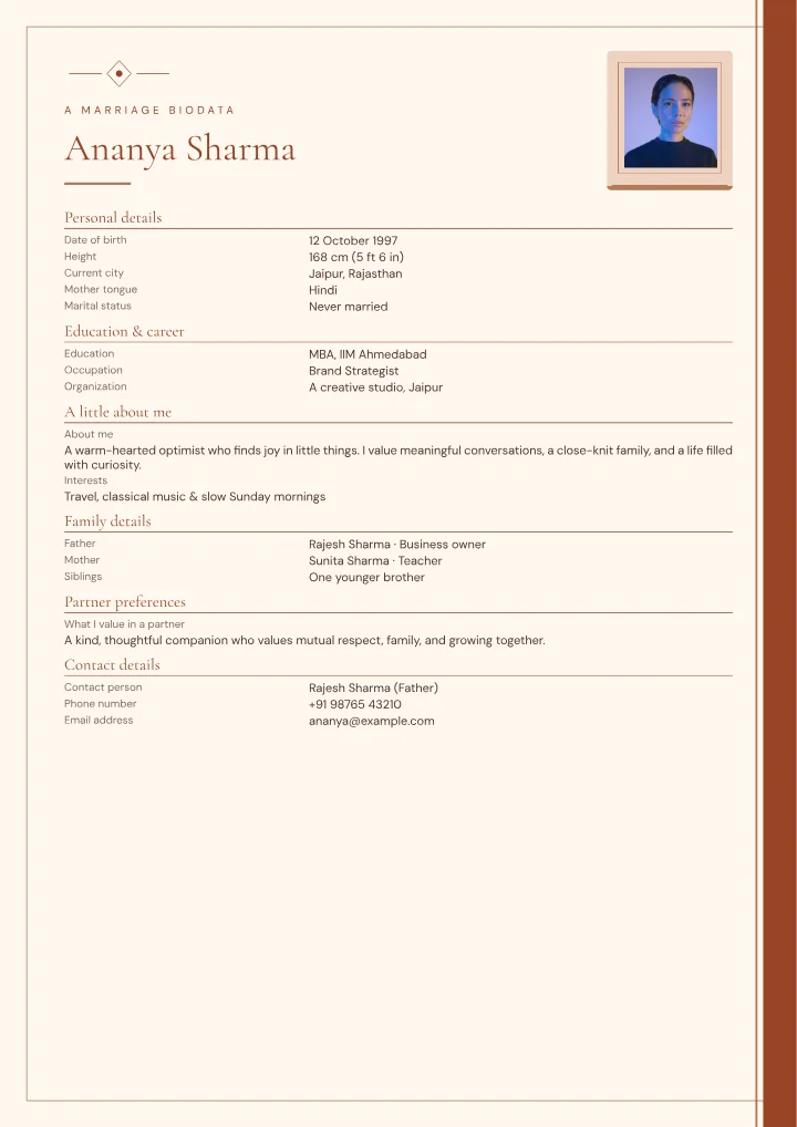 Terracotta Ribbon marriage biodata template with photo — fictional sample